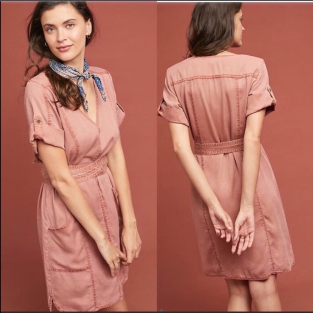 Anthro Pilcro pink classic shirt Dress tie waist